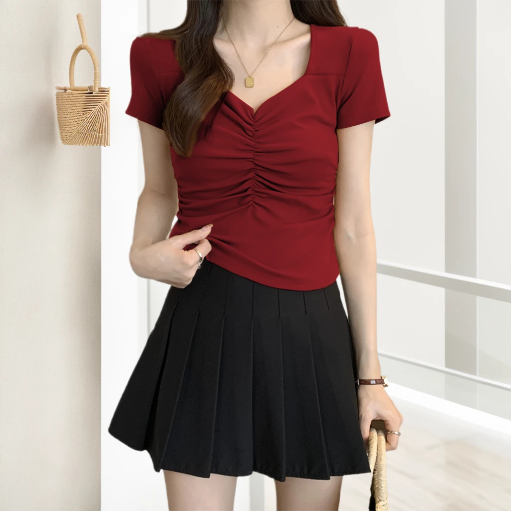 【95棉】方领女士短袖t恤宽松夏韩版纯色低领体恤露锁骨设计感上衣