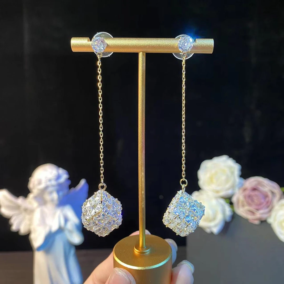 铜合金耳饰 依彤】轻奢长款超闪锆石流苏耳环简约精致优雅气质耳钉