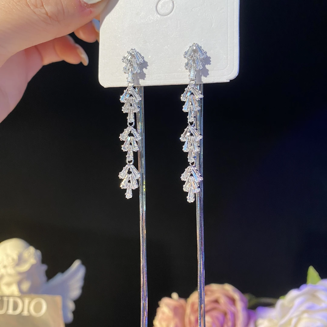 铜合金耳饰 夕颜】精致锆石树叶流苏轻奢超闪耳环高级长款简约耳钉