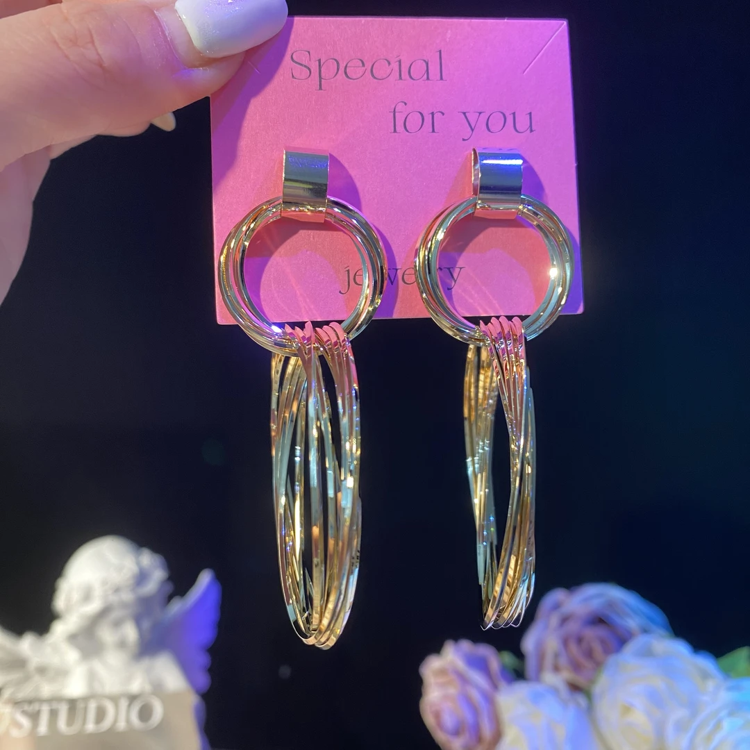 铜合金耳饰 妙乐】夸张大气轻奢欧美个性时尚圈圈长款耳环气质耳钉