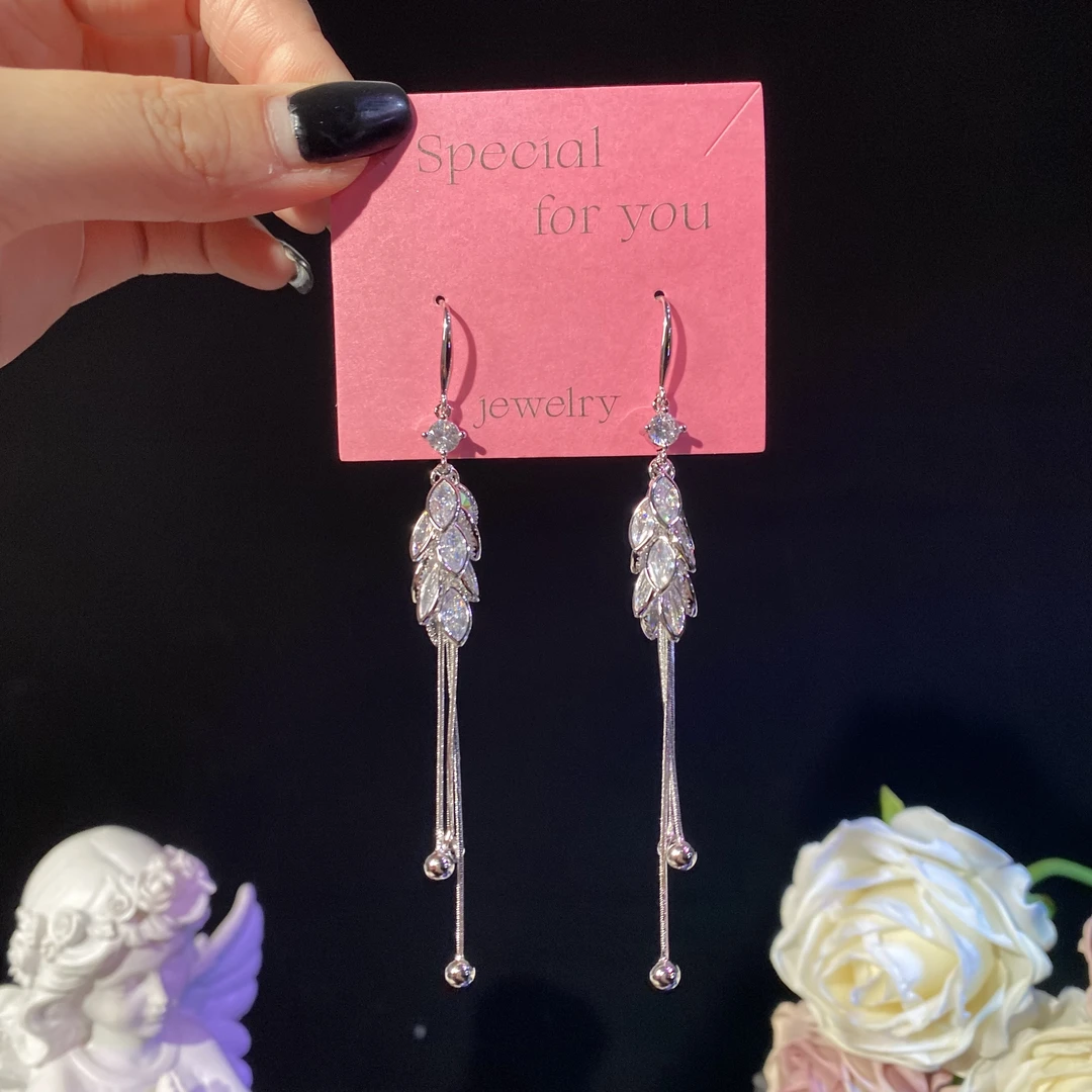 铜合金耳饰 忆初】重工超闪锆石叶子长款流苏耳环精致优雅耳钩时尚