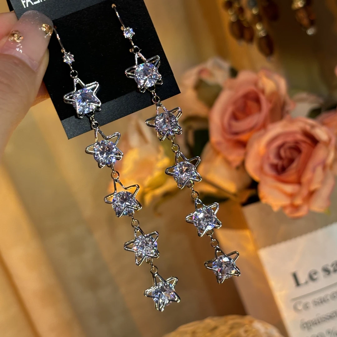 铜合金耳饰 星辰】超闪锆石五角星长款流苏耳环简约时尚轻奢耳钩女