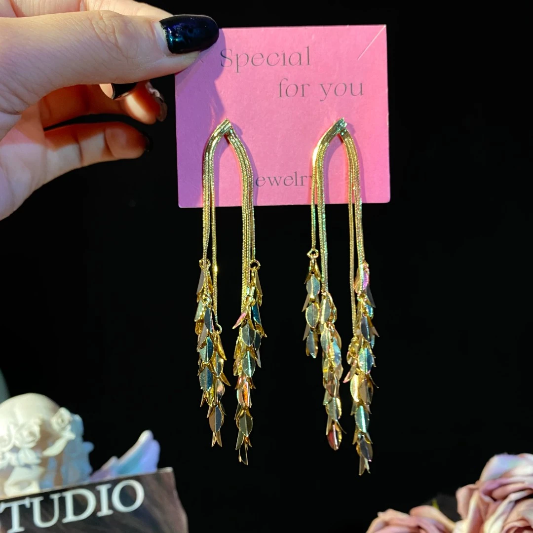 铜合金耳饰 落羽】重工洋气亮片气质轻奢时尚长款流苏耳环精致耳钉