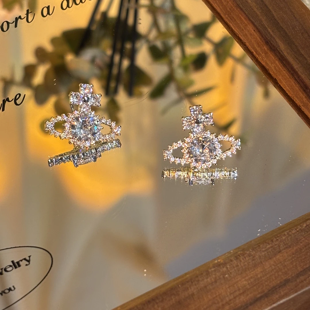 铜合金耳饰 土星】超闪锆石土星耳钉满钻简约时尚气质百搭耳环精致