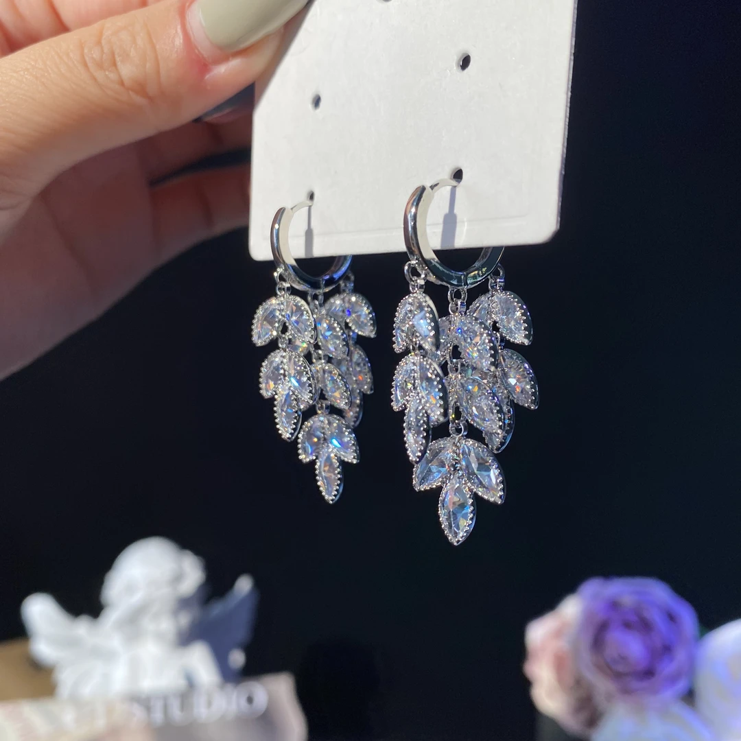 铜合金耳饰 熙雅】超闪锆石叶子耳扣重工精致优雅气质轻奢时尚耳环