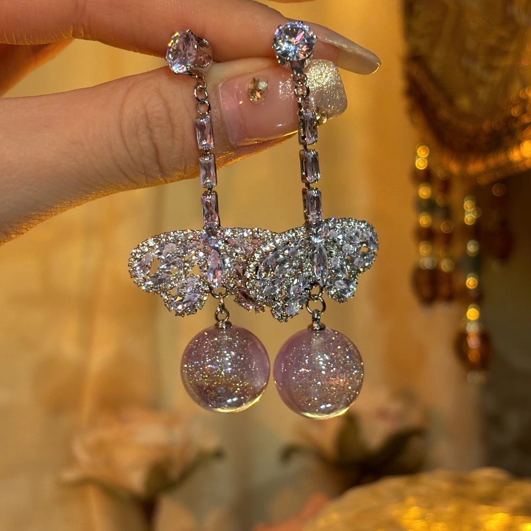 铜合金耳饰 景愿】超闪锆石蝴蝶长款流苏耳环重工轻奢珠珠时尚耳坠