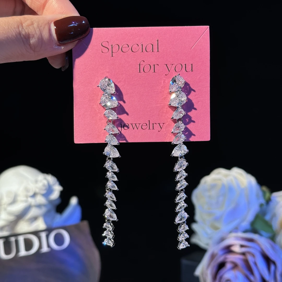 铜合金耳饰 温雅】超闪锆石奢华重工长款耳坠优雅气质时尚耳钉精致