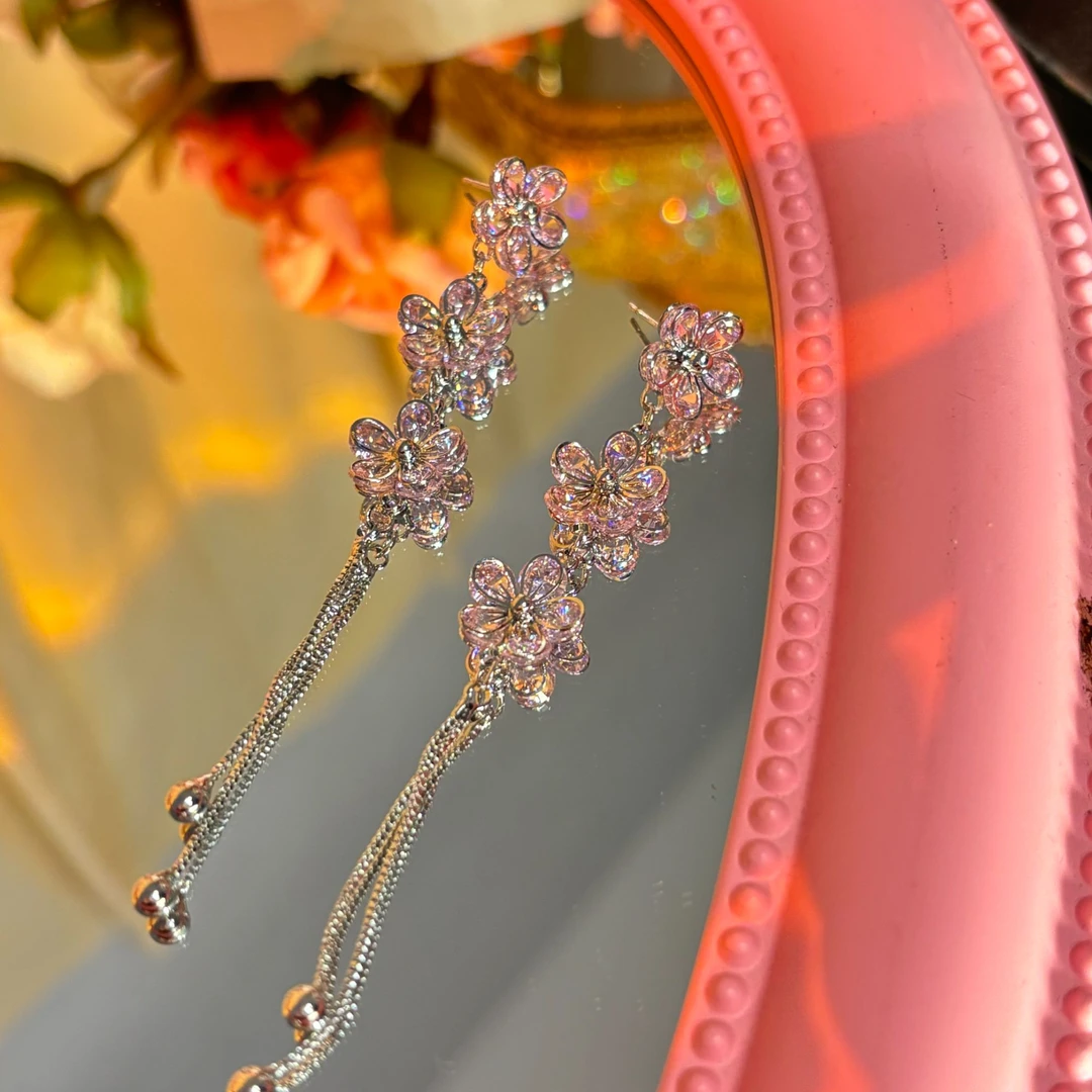 铜合金耳饰 花梦】超仙长款花朵流苏耳环甜美气质超闪锆石耳钉耳坠