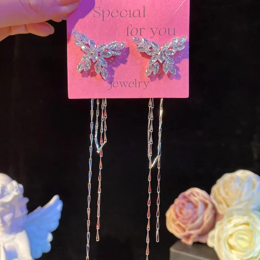 铜合金耳饰 落蝶】锆石蝴蝶链条流苏长款耳环精致时尚轻奢高级耳钉
