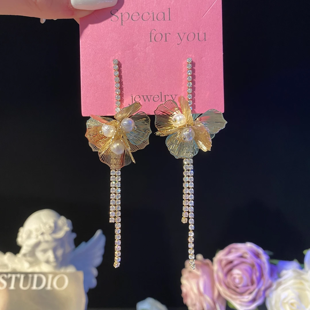 铜合金耳饰 夏初】重工气质轻奢珠珠花朵长款流苏耳环超仙精致耳坠