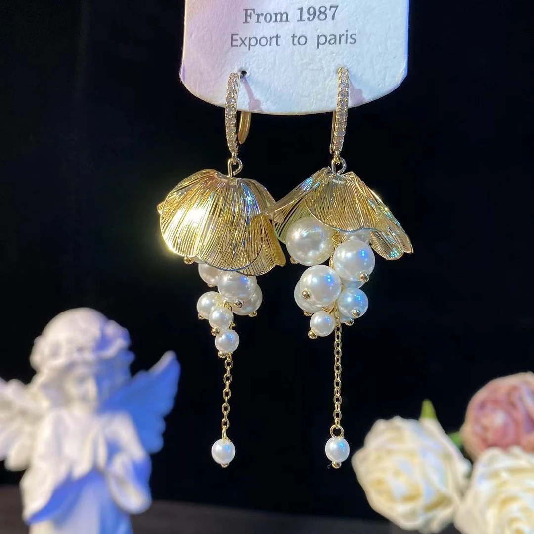 铜合金耳饰 梦雅】轻奢时尚长款珠珠流苏耳环优雅气质手工个性耳扣