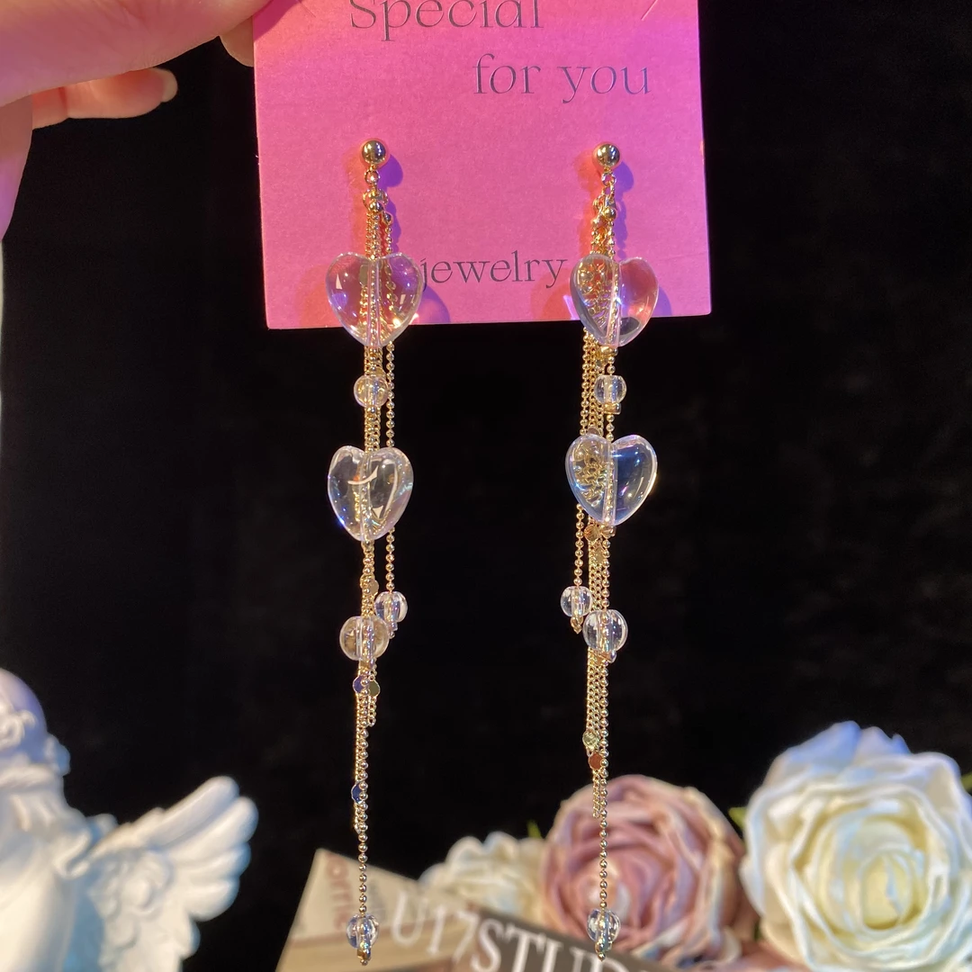 铜合金耳饰 晴婉】仙气时尚气质长款流苏爱心耳环甜美优雅轻奢耳坠