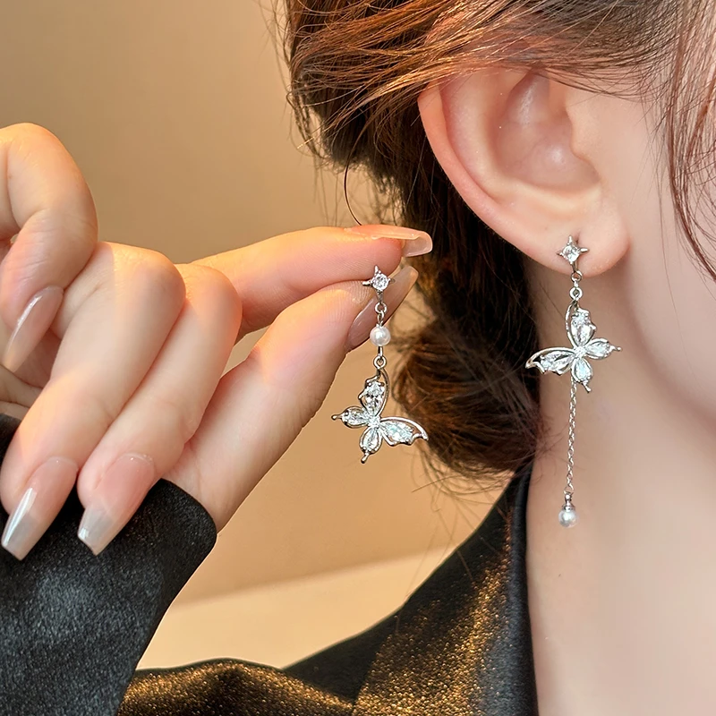 铜合金耳饰 羽依】不对称蝴蝶耳环女精致独特耳钉小众夏日超仙长款