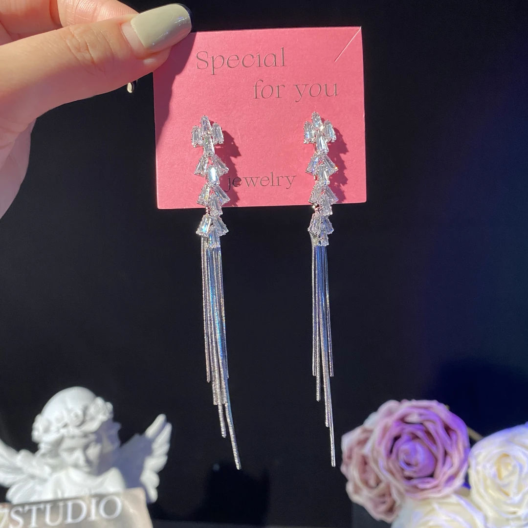 铜合金耳饰 欣怡】超闪锆石优雅精致长款流苏耳环气质轻奢时尚耳钉