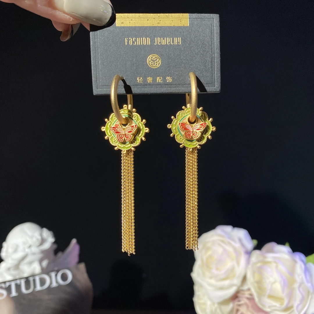 铜合金耳饰 洁伊】国风古风长款流苏耳环耳扣轻奢时尚民族风新中式