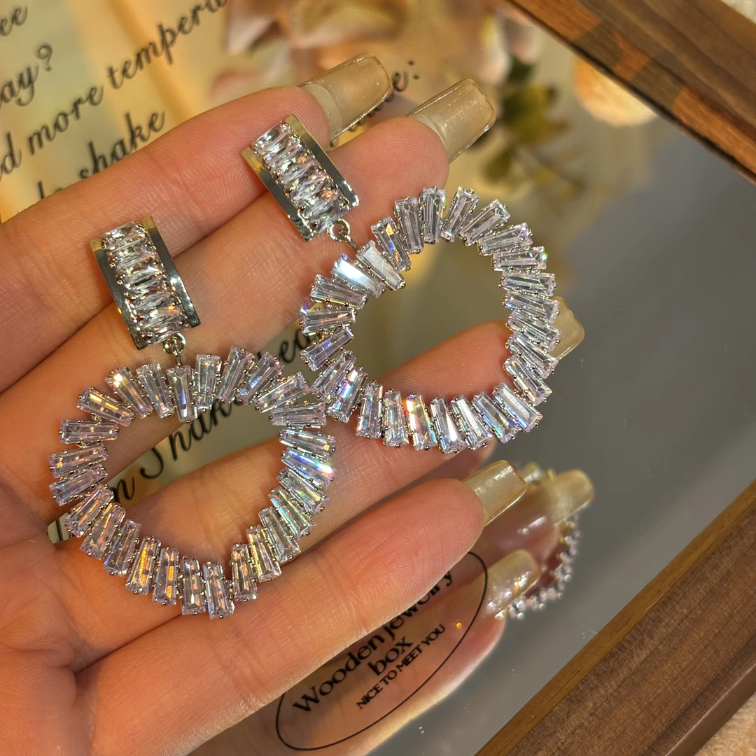 铜合金耳饰 汐颜】超闪锆石爱心耳坠夸张小众重工个性耳环时尚耳钉