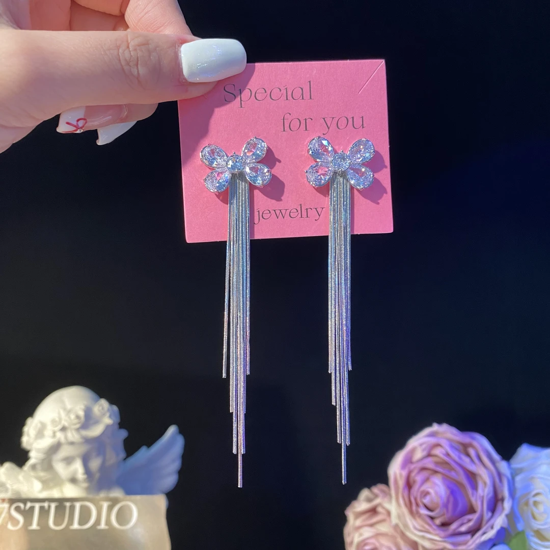 铜合金耳饰 惜雅】气质轻奢时尚锆石长款流苏耳环甜美超仙重工耳钉