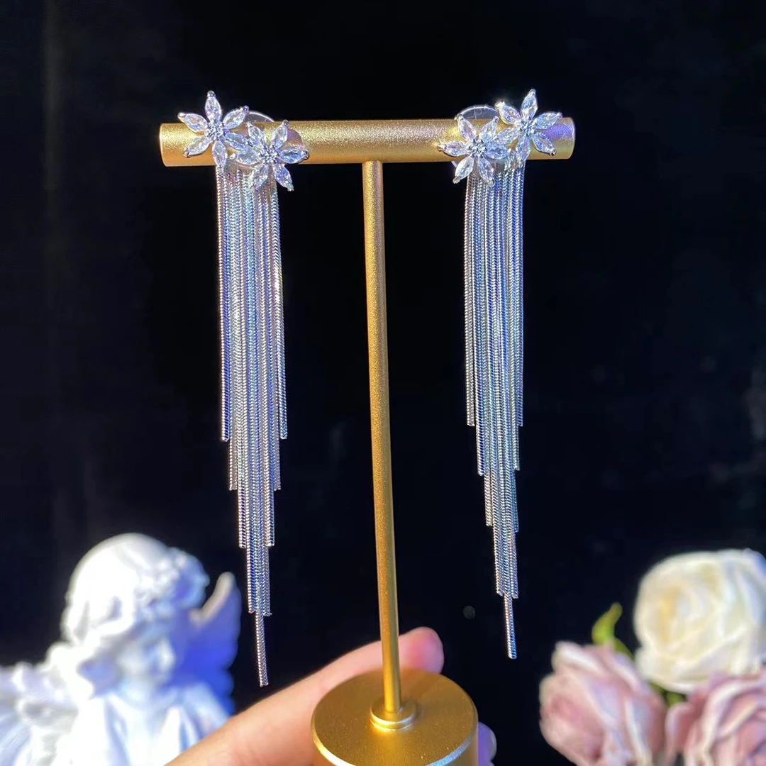 铜合金耳饰 芳妮】轻奢锆石花朵长款流苏耳环仙女气质时尚百搭耳钉
