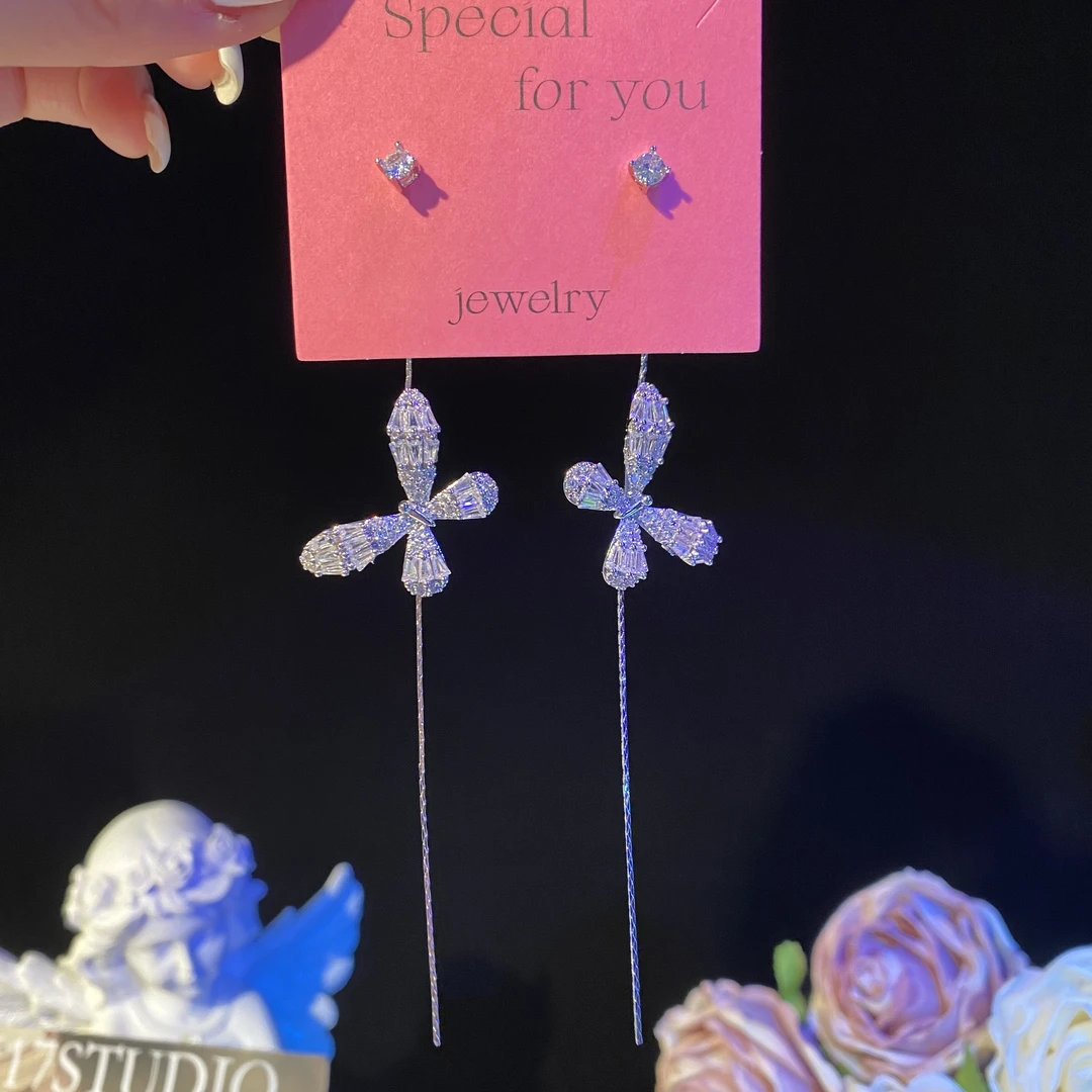 铜合金耳饰 忆蝶】超仙甜美气质轻奢锆石蝴蝶长款流苏耳环优雅耳钉