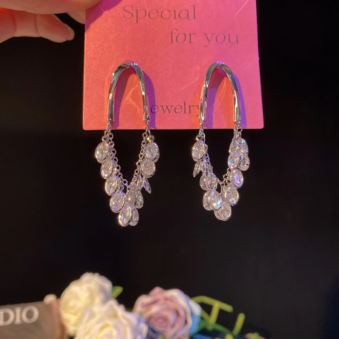 铜合金耳饰 云亦】超闪锆石气质轻奢中长款流苏耳环精致时尚耳坠女