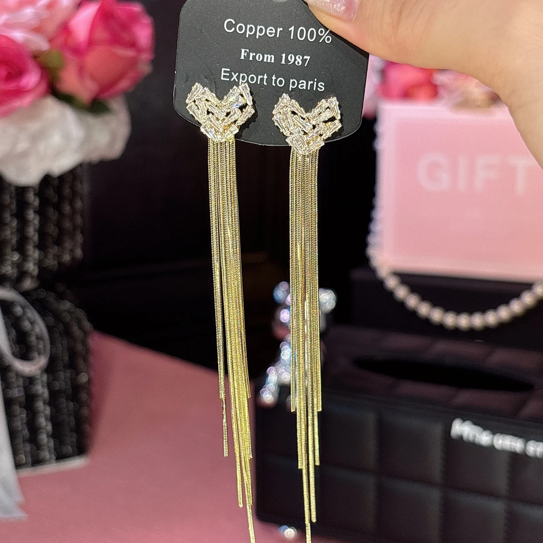 铜合金耳饰 倾兮】简约桃心流苏百搭气质长款时尚金色耳环