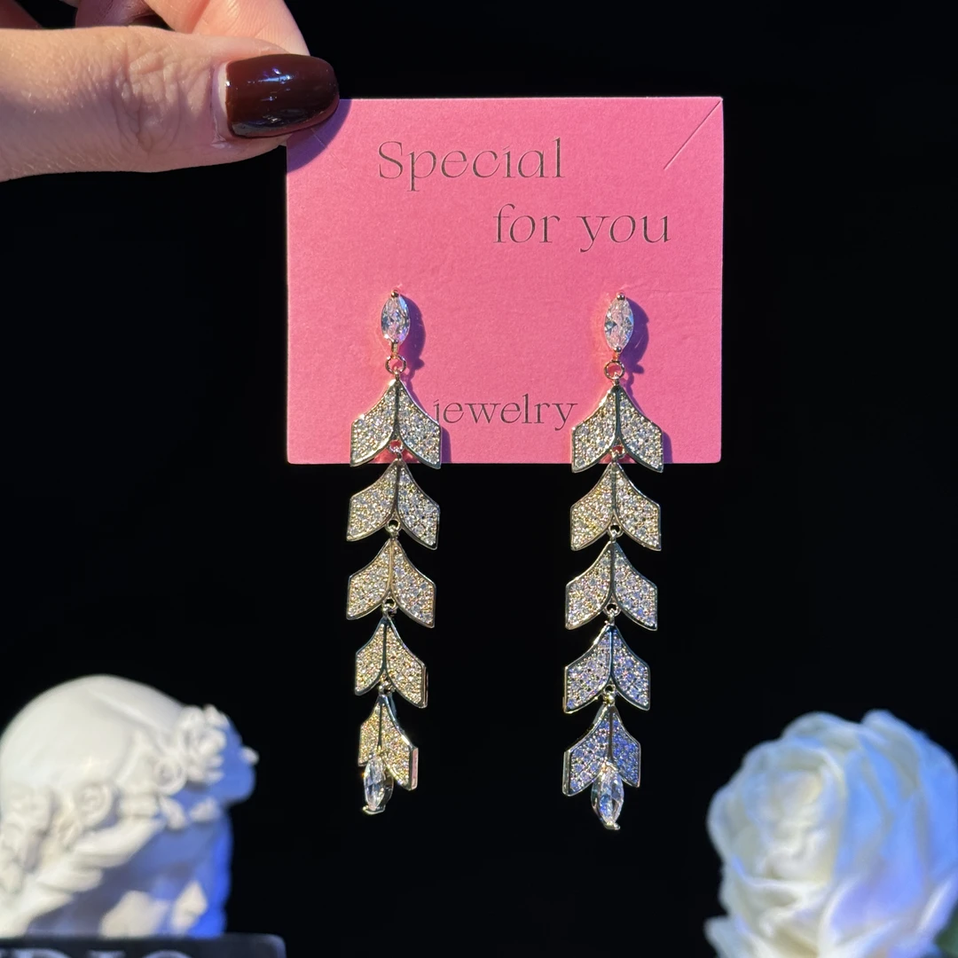 铜合金耳饰 妙薇】金枝玉叶奢华气质时尚长款耳坠优雅满钻超闪耳环