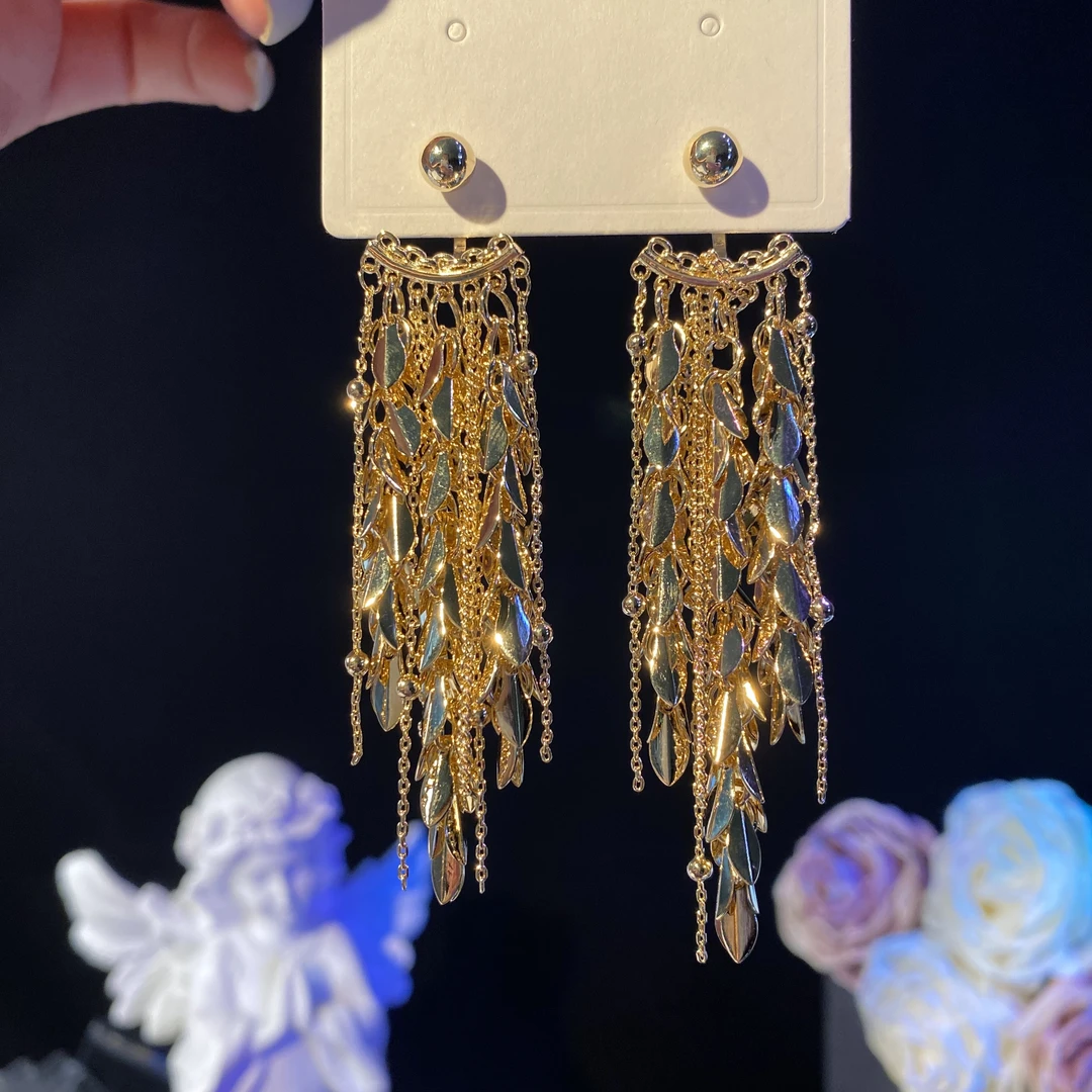 铜合金耳饰 忆妍】轻奢气质洋气重工长款流苏耳环夸张大气两戴耳钉