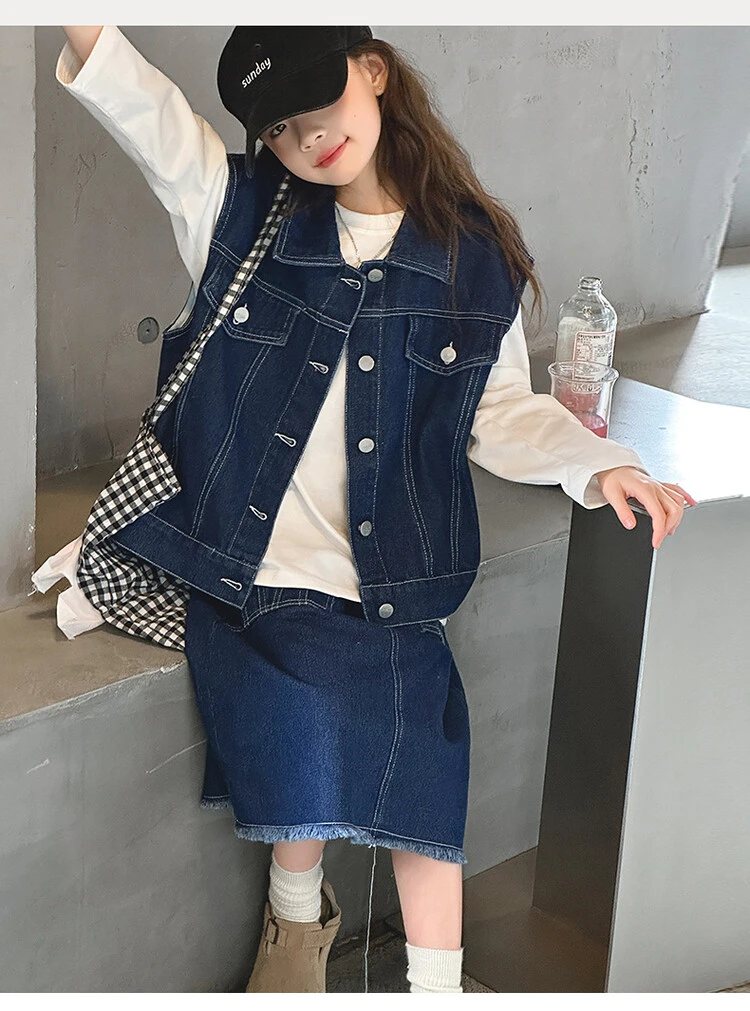 女童春秋套装韩版卫衣女大童时髦百搭牛仔马甲半身裙三件套潮