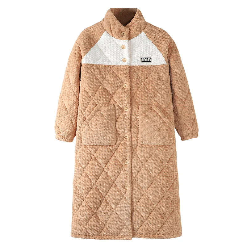 珊瑚绒夹棉睡袍女秋冬季中长款加厚加绒睡衣女士保暖法兰绒家居服