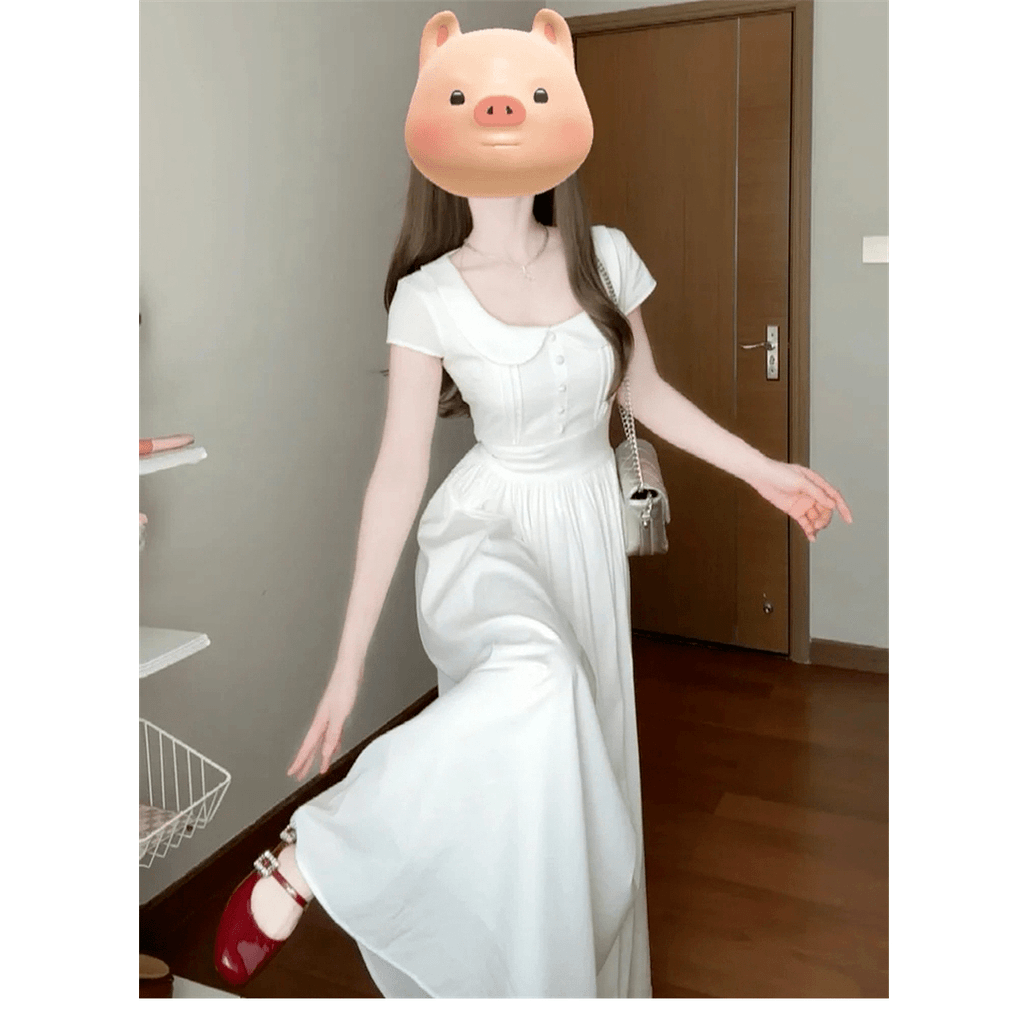 大码女装胖妹妹显瘦法式白色气质娃娃领连衣裙温柔气质收腰长裙子