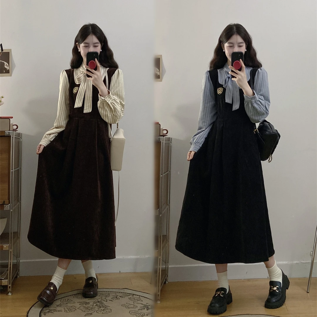 大码女装胖妹妹显瘦学院风条纹衬衫拼接灯芯绒假两件遮肉连衣裙子