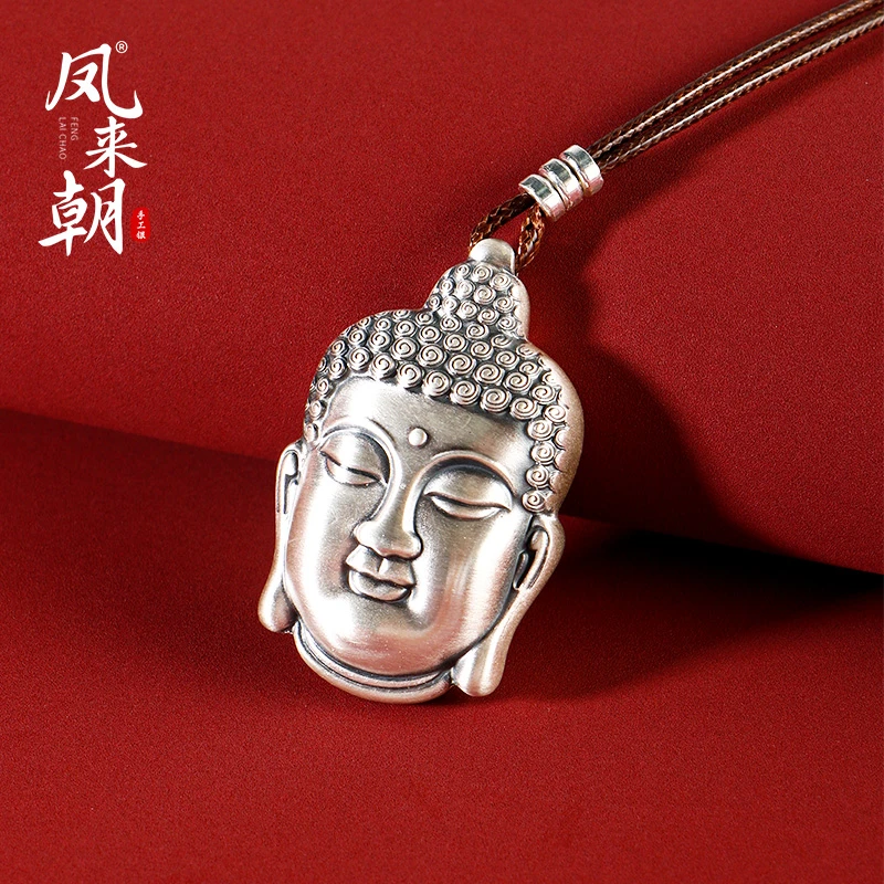 凤来朝 吊坠足银 古法佛头吊坠复古手工錾刻大佛头素款守护神送人