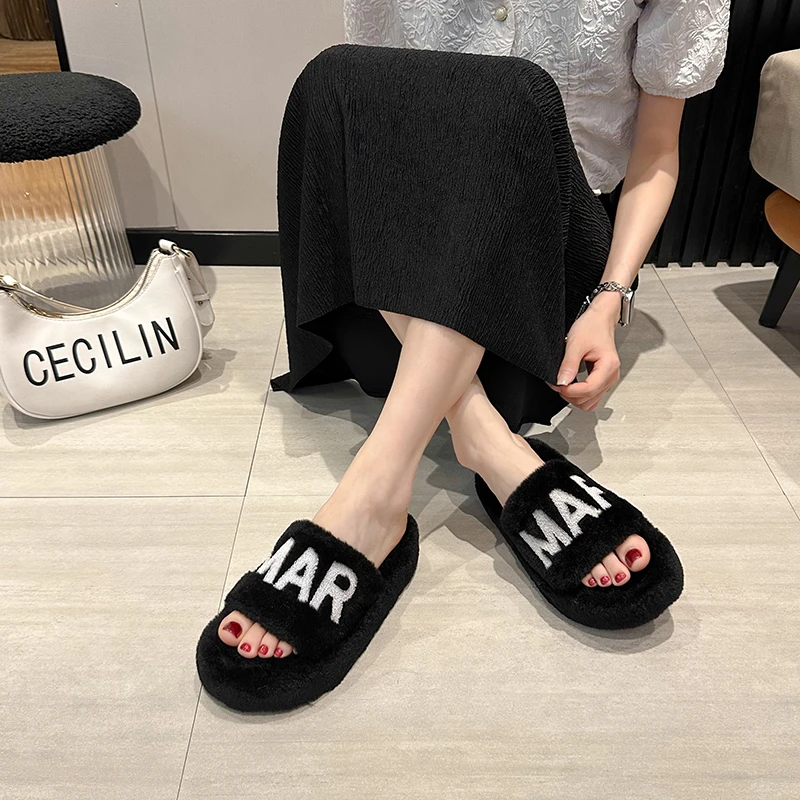 毛毛拖鞋女外穿春秋季2024新款棕色超火夏季厚底棉拖懒人鞋