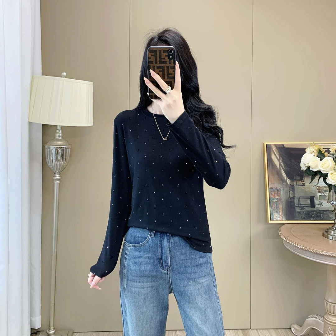 秋季上新~时尚简约重工设计款桑蚕丝满天星打底衫 S3326