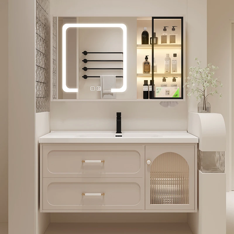 佐木森奶油风浴室柜智能镜柜组合陶瓷一体盆洗脸盆柜田园风洗漱台