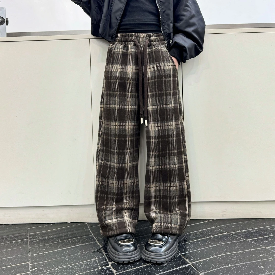 仿兔绒格子裤女冬季2024年新款垂感高腰加厚休闲直筒复古阔腿裤