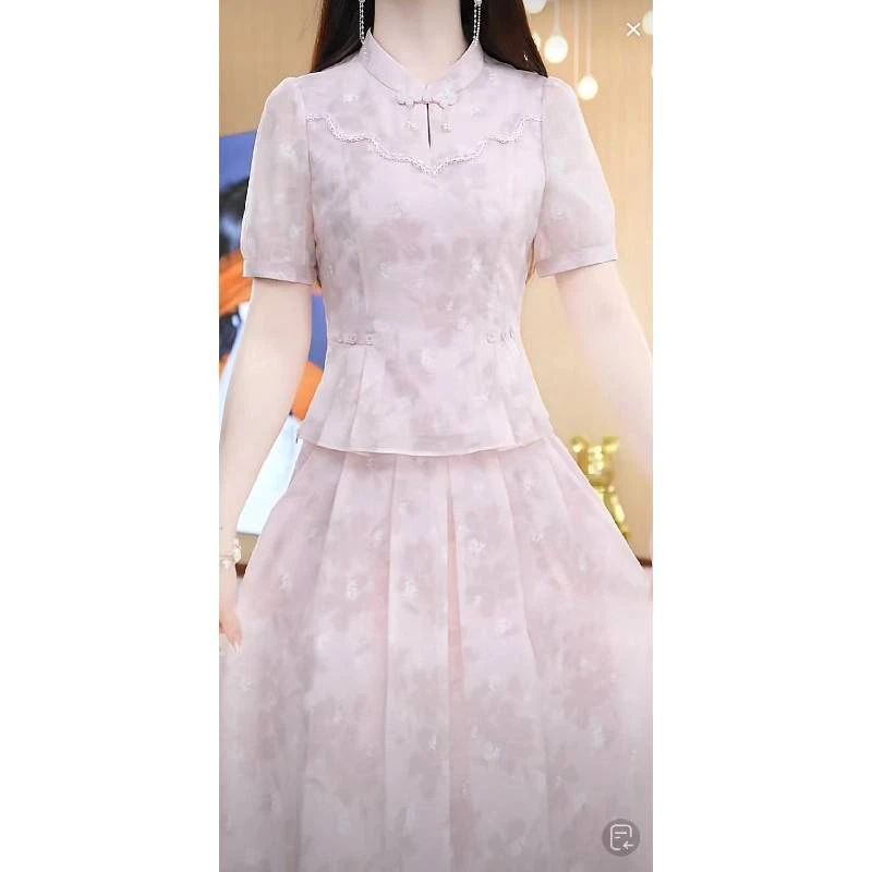 【两件套】上衣+半身裙立领甜美修身显瘦套装裙子M-5XL