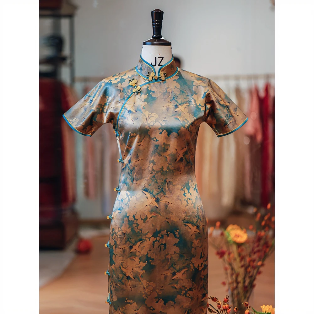 云格格【荟幽兰】40姆米重锻香云纱复古平裁无省修身日常古法旗袍