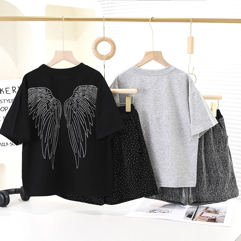 2024夏季新款男童短袖套装烫钻天使之翼两件套宽松薄款时尚夏天