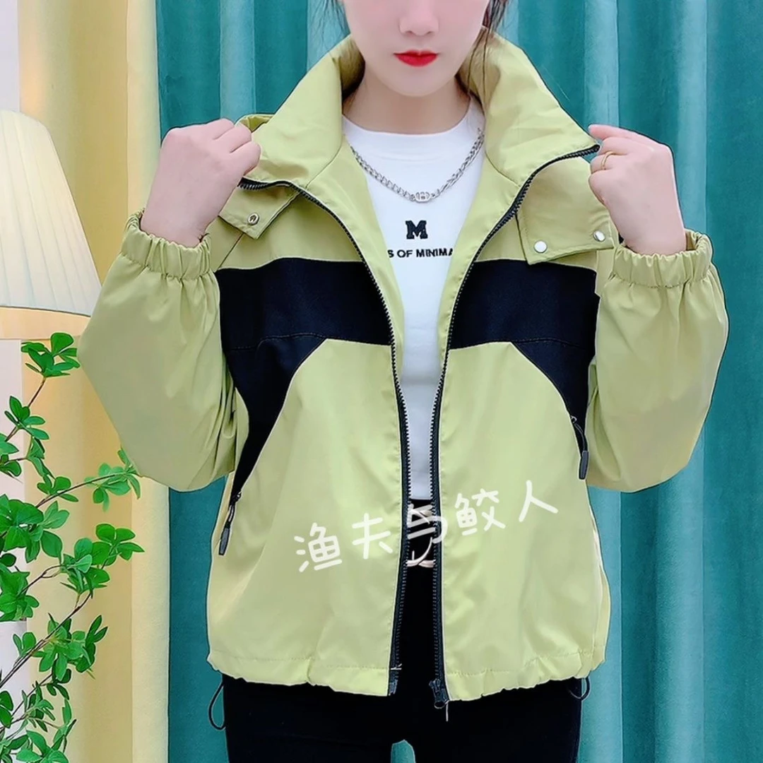 2025春季欧洲站宽松拼色短款新连帽休闲冲锋衣短外套薄上衣高档潮