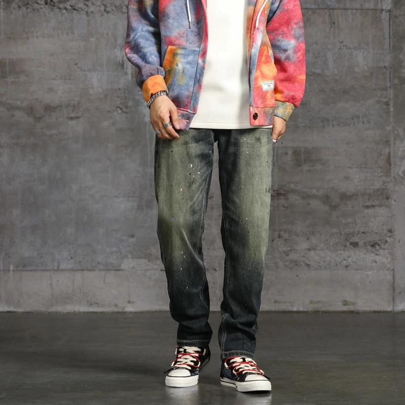 秋季弹力牛仔裤男直筒小脚潮流男士日系复古个性喷漆男生大码长裤