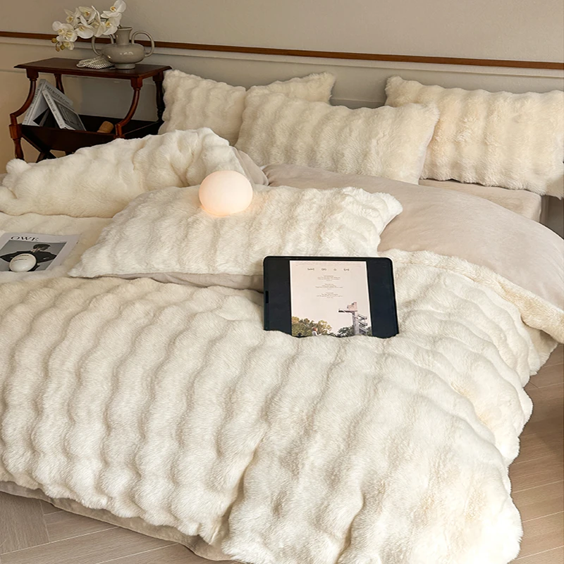 轻奢牛奶绒四件套冬季保暖床上用品加厚保暖纯色被罩床单床笠被套