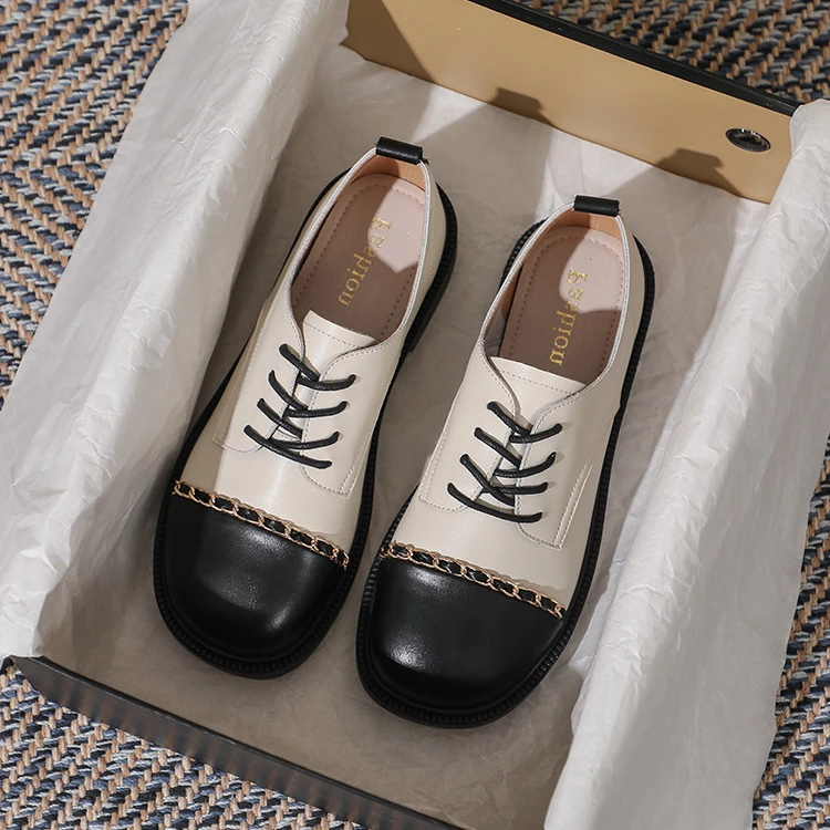 真皮小皮鞋女英伦复古2025年新款秋季鞋子厚底小香风拼色系带单鞋