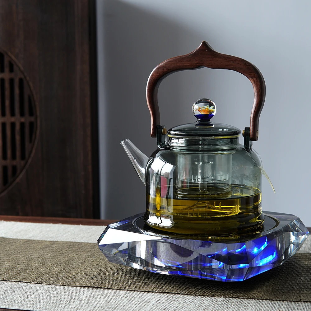 水晶方炉配璃花堂黑莲花壶茶艺电陶炉煮茶器套装蒸煮一体四代壶