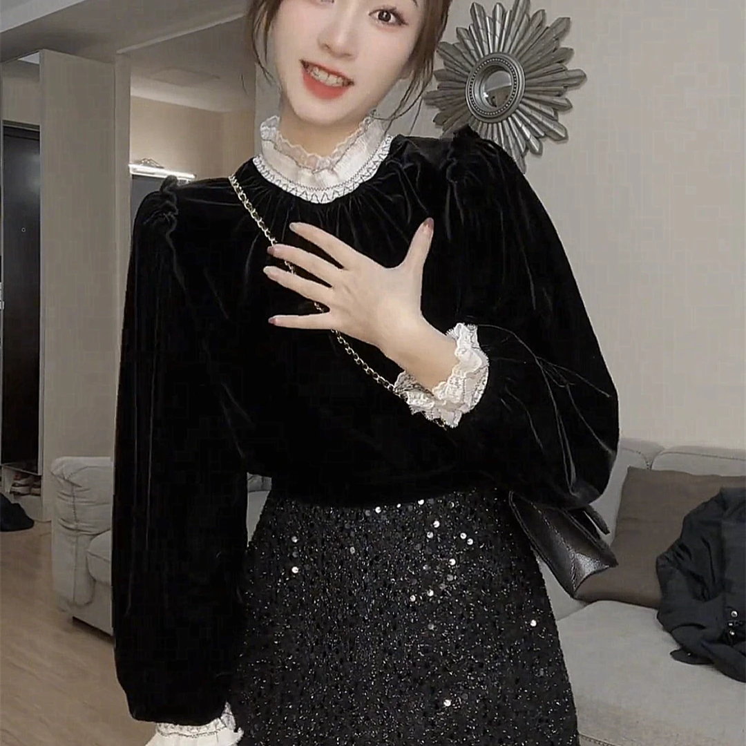 高级感气质小众蕾丝花边拼接丝绒衬衫女时尚新款设计感小立领上衣