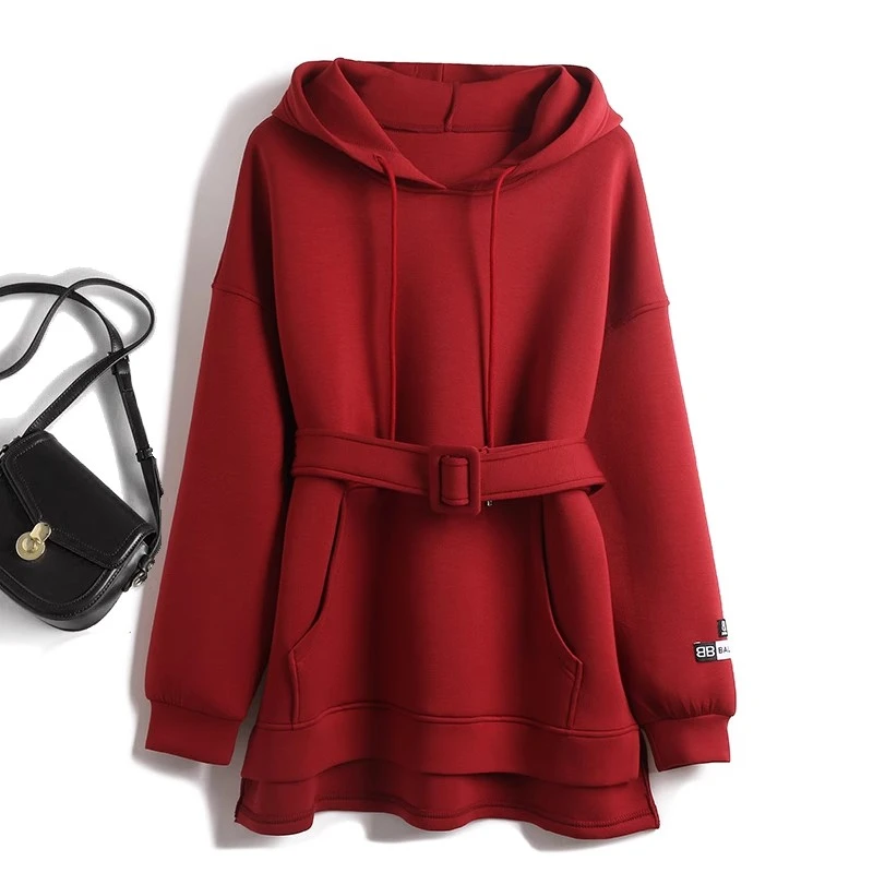 欧货连帽长袖太空棉卫衣女 秋冬新品中长款高级设计感收腰系带ins
