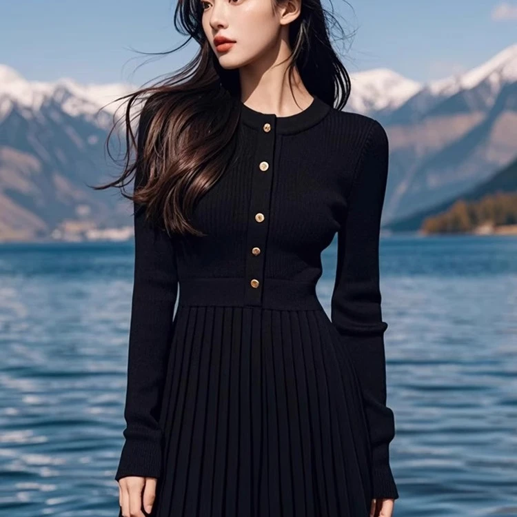 赫本风黑色针织连衣裙子女秋冬季2025新款别致绝美高级感套装短裙