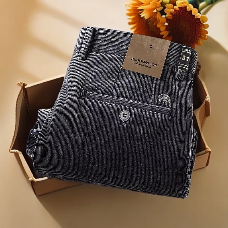 秋冬新款炒雪花灯芯绒休闲裤男士商务直筒棉质加厚保暖条绒裤子男