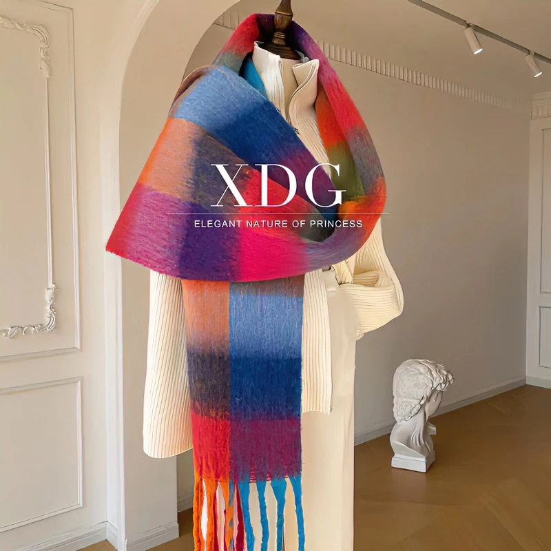 小众~潮货JUE美配色~渐变格子绒感大披肩围巾围脖女旅行秋冬搭配