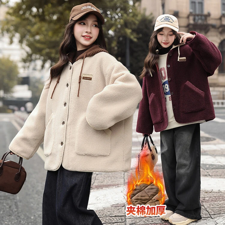 女大童秋冬外套夹棉加厚大衣洋气青少年连帽毛毛衣保暖棉衣棉袄服